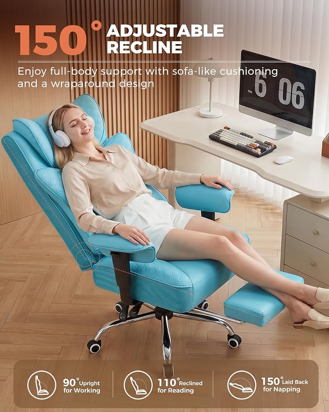 GTPLAYER Big and Tall Office Chair Wide Ergonomic Gaming Chair with Deluxe Embossing Designed Leather with Foot Rest,150°Reclining Adjustable Soft Armrests Pocket Spring Back Support and Pillow - Image 7