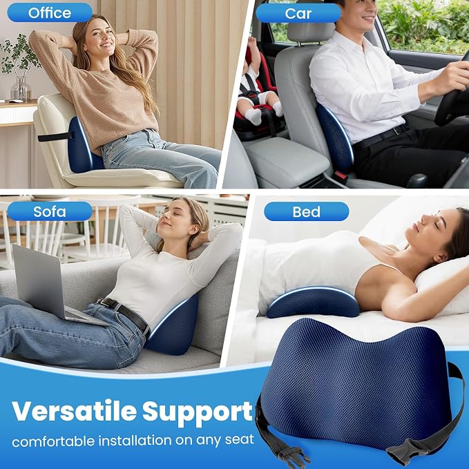 Lumbar Support Pillow, Memory Foam Back Cushion for Office Chair Car, Blue | Ergonomic Lower Back Support with Adjustable Strap, Breathable Removable Cover for Couch, Wheelchair and Daily Comfort - Image 6