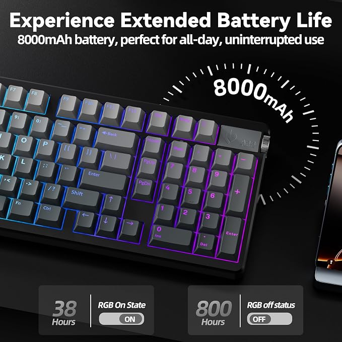 LEOBOG A98 Wireless Mechanical Keyboard, Tri-Mode BT5.0/2.4GHz/USB-C, Creamy Keyboard with Number Pad, Gasket Structure Hot Swappable, PBT Keycaps, RGB Backlit Black Gaming Keyboard with Knob for PC - Image 9