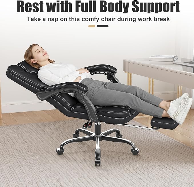 Ergonomic Office Chair with Footrest, Reclining Executive Computer Chair | 90°-155°Locking Tilt, 300lb Desk Gaming Chair with Lumbar Support, Comfy Leather PC Chair, 360° Rolling Swivel & Height Black - Image 8