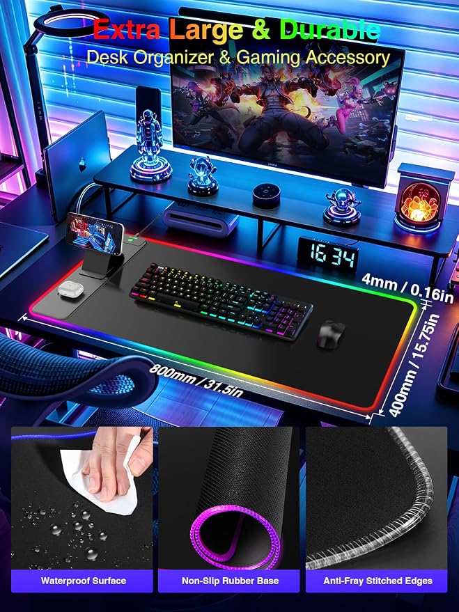 Wireless Charging Mouse Pad with Magnetic Phone Stand, 31.5"x15.8" Large | Gaming Mousepad RGB Desk Mat, Smooth Glide, Stitched Edge, Non-Slip Rubber Base, Waterproof Keyboard Mat, No Adatper - Image 2