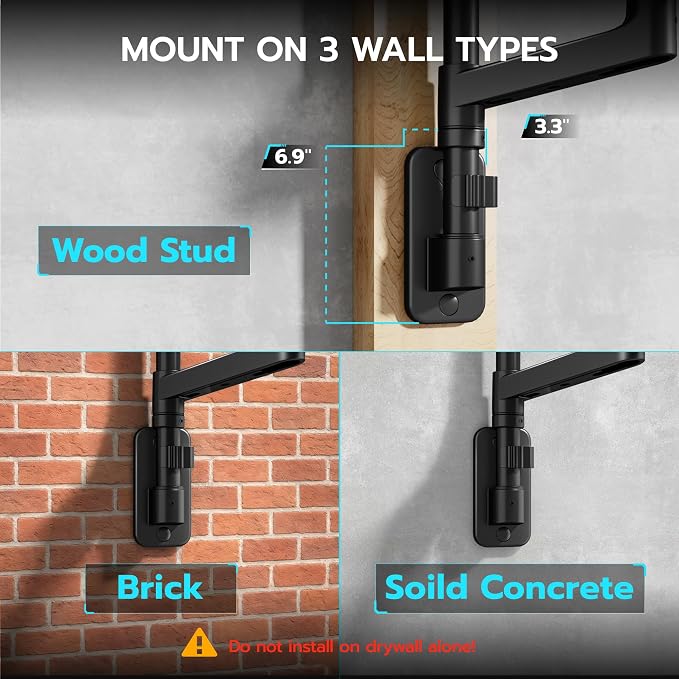 ARES WING Dual Monitor Wall Mount for 17-49 Inch Ultrawide Screens, Black | Heavy Duty Wall Mount Monitor Arm Holds 44 lbs Each, Fully Adjustable Gas Spring Monitor Arm, 75x75/100x100 VESA Mount - Image 8