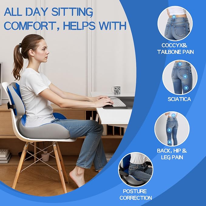 Benazcap Large Memory Foam Seat Cushion Lumbar Support Pillow for Sciatica & Tailbone Pressure Relief Coccyx Pad for Office Chair, Wheelchair, Car, Home, Office, Blue - Image 3