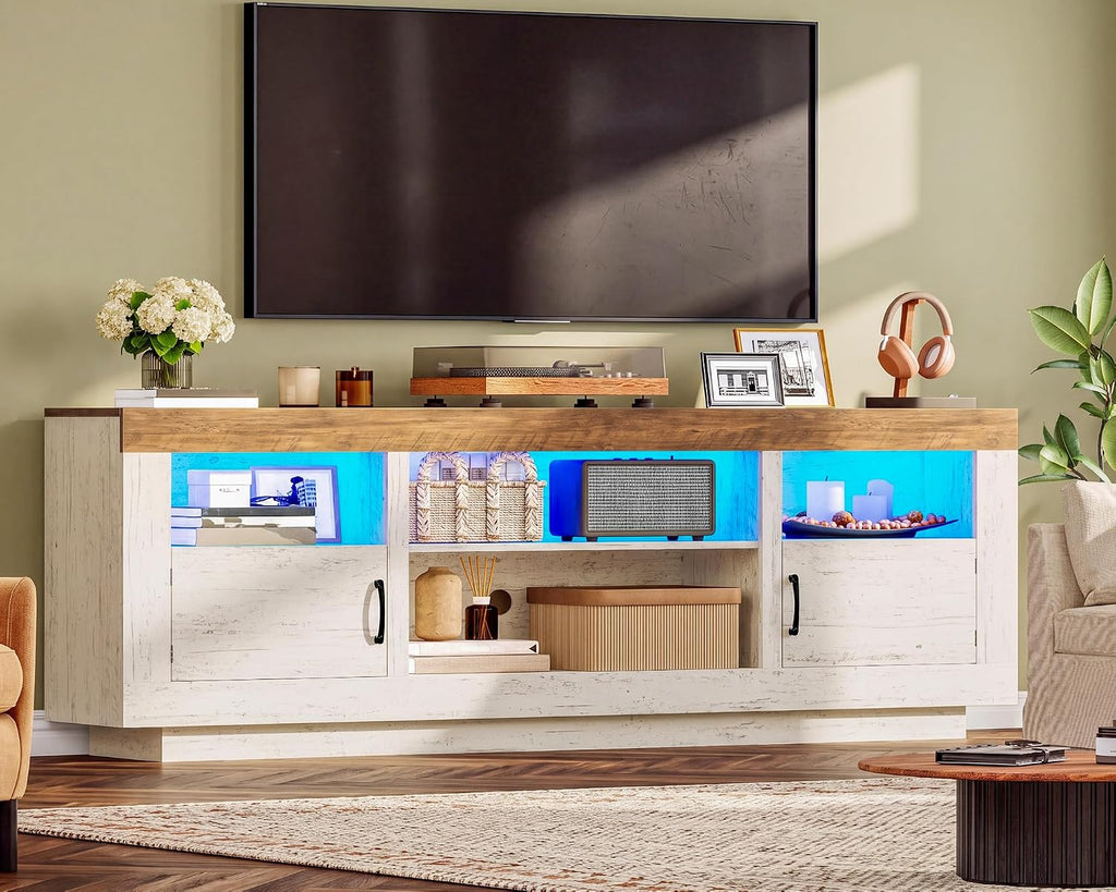 TEENFON TV Stand for 75 inch TV, Entertainment Center with LED Lights & Adjustble Shelves, TV Console, 27.6" H Media Console with Open Storage & Side Cabinets, TV Stands for Living Room, Cloud White - Image 6