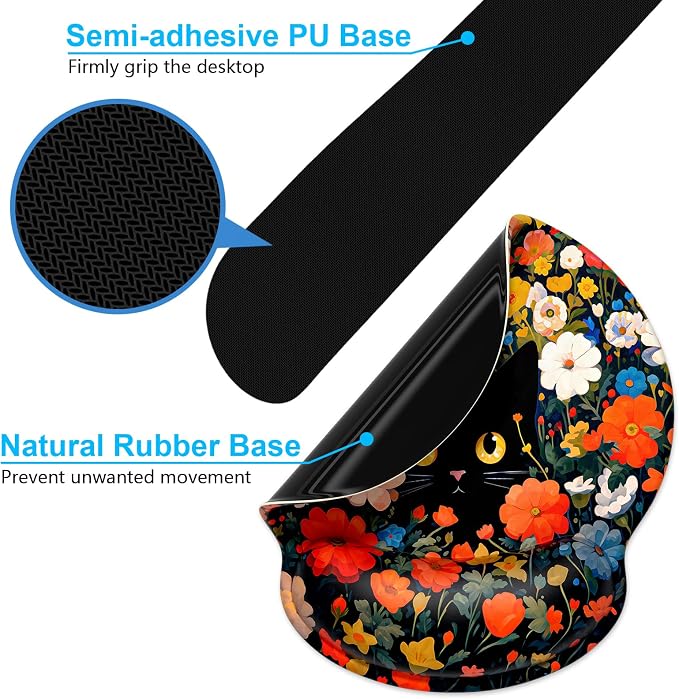 Dapesuom Keyboard Wrist Rest and Mouse Pad with Wrist Support, Cute Memory Foam Cushion for Keyboard and Mouse Set, Desktop Pad Rests with Non Slip Base for Easy Typing & Pain Relief, Cat Flower Bush - Image 6