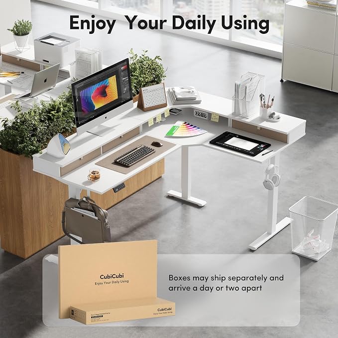 CubiCubi 63x48 Inches L Shaped Standing Desk with 3 Drawers and Monitor Shelf, Height Adjustable Corner Computer Desk with Hooks, Sit Stand Up Ergonomic Home Office Workstation Table, Warm White - Image 9