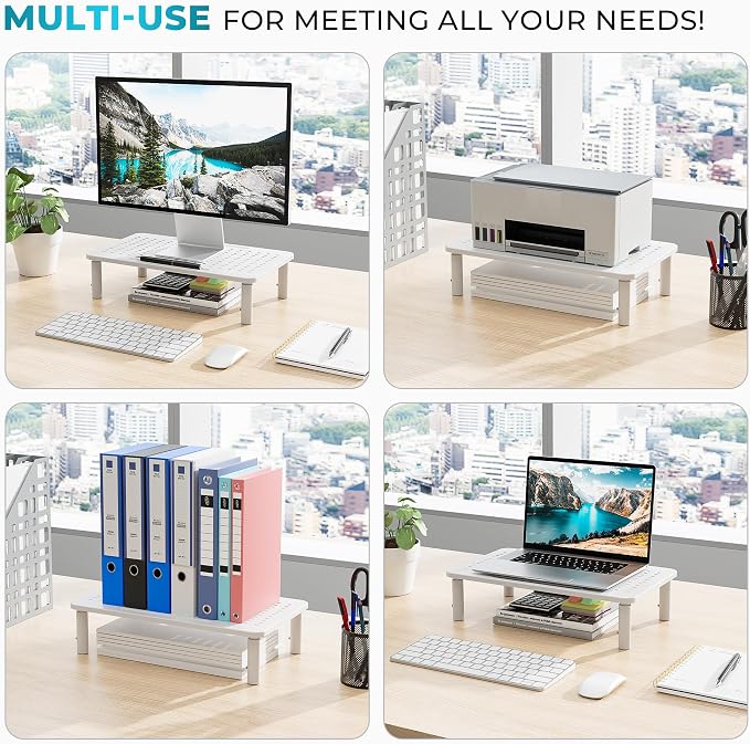 BONTEC Monitor Stand for Desk 2 Pack, 3-Level Height Adjustable, White | 14.5 x 9.1 in Ergonomic Metal Computer Stand with Pen Holder & Cable Management for Printer, Laptop and Office Workstation - Image 2