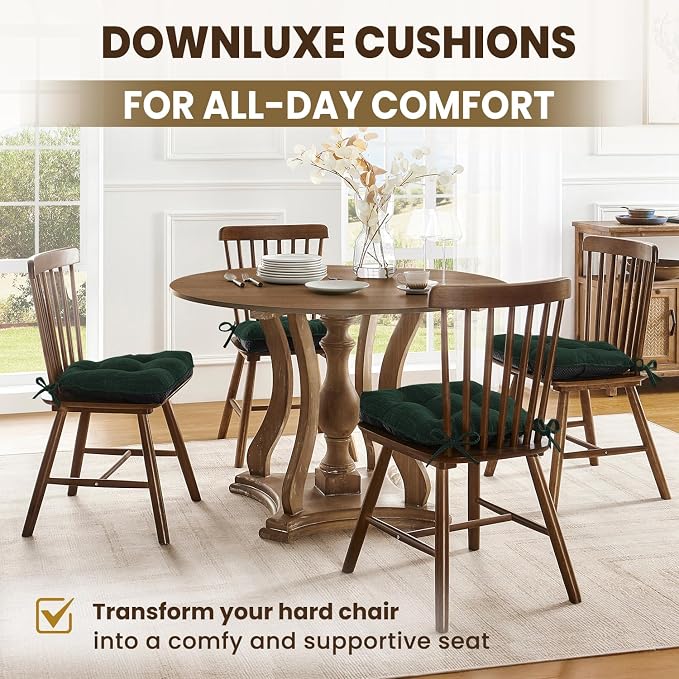 downluxe Indoor Chair Cushions for Dining Chairs, Tufted Overstuffed Textured Kitchen Chair Pads with Ties and Non-Slip Backing, 15.5" x 15.5" x 4", Dark Green, 4 Pack - Image 6