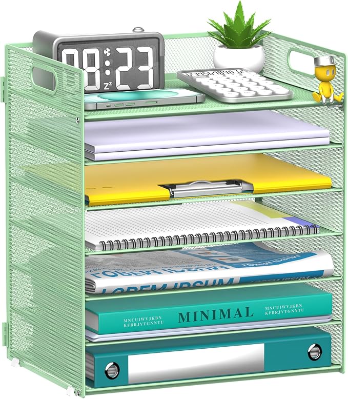 7 Tier Paper Organizer for Desk with Letter Trays & Handle Mint Green | Black Desk File Organizer with Handle for Sorting Papers, Files, Folders, Mail, Bills and Office Supplies by Unknown