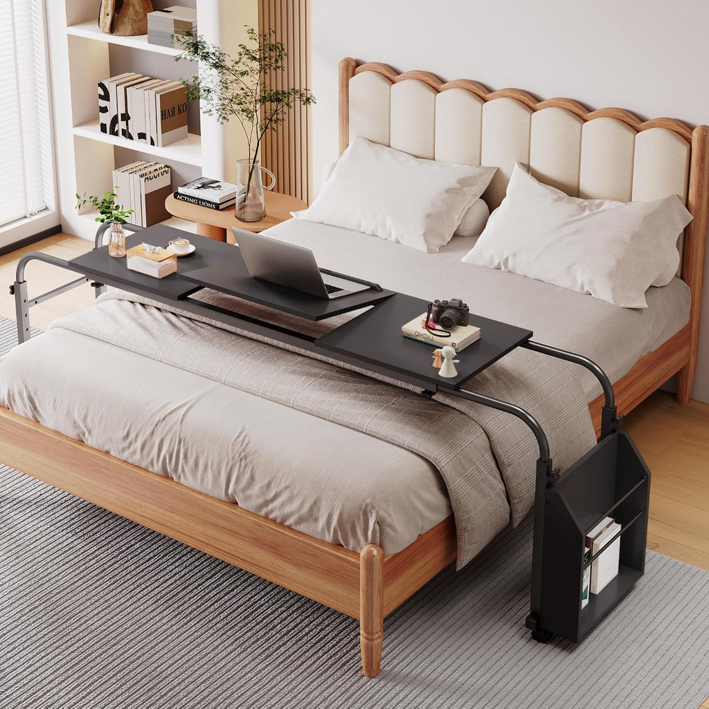 Overbed Table with Wheels,60.6-84.2 inches Mobile Bed Desk, Black by Arlopu