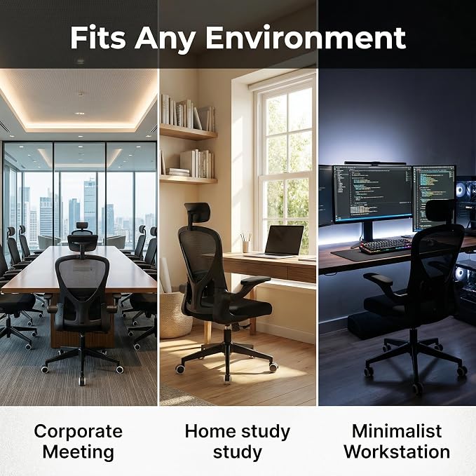 Monhey Ergonomic Chair, Adjustable Lumbar & Flip-up Arms, Black | Breathable Mesh,Height Adjustable, Rocking Swivel, High Back, Home Office Use - Image 7