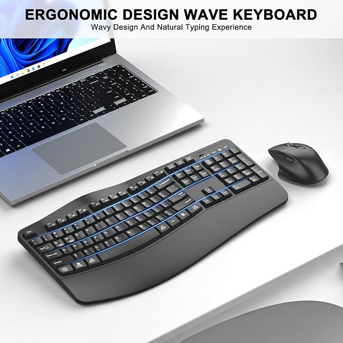 Wireless Keyboard and Mouse Combo, 2.4G Ergonomic Wave Keys(Graphite) | Full Size Wave Keyboard with Wrist Rest, 3-Level DPI Adjustable Ergonomic Mouse for Windows and Mac OS Desktop/Laptop/PC - Image 2
