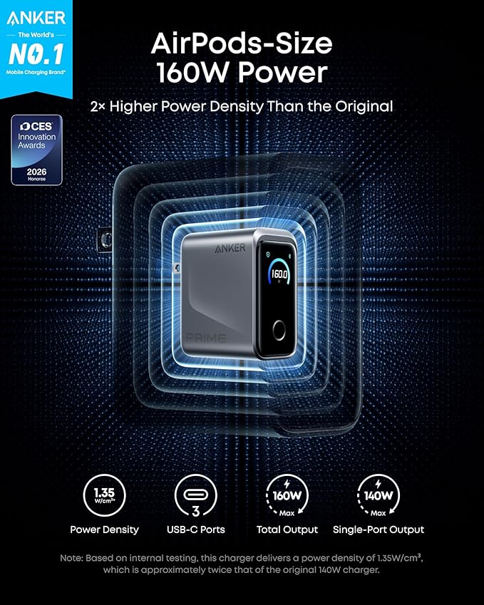 Anker Prime Charger, 160W Max 3-Port GaN Charger, for MacBook Pro Charger | Smart Display, Touch Control, Up to 140W Fast Charging for One Device,for MacBook Pro/Air, iPhone 17/16 Series,Samsung Galaxy - Image 2