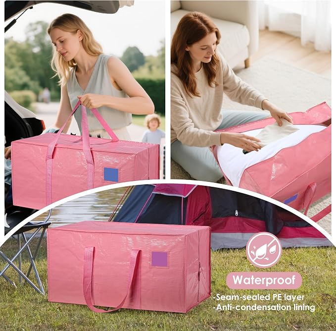 6 Pack Moving Bags with Full-Open Side Zipper, Extra Large 93L Heavy Duty Waterproof Foldable Storage Totes for College Dorm, Moving & Home Organization Pink - Image 8