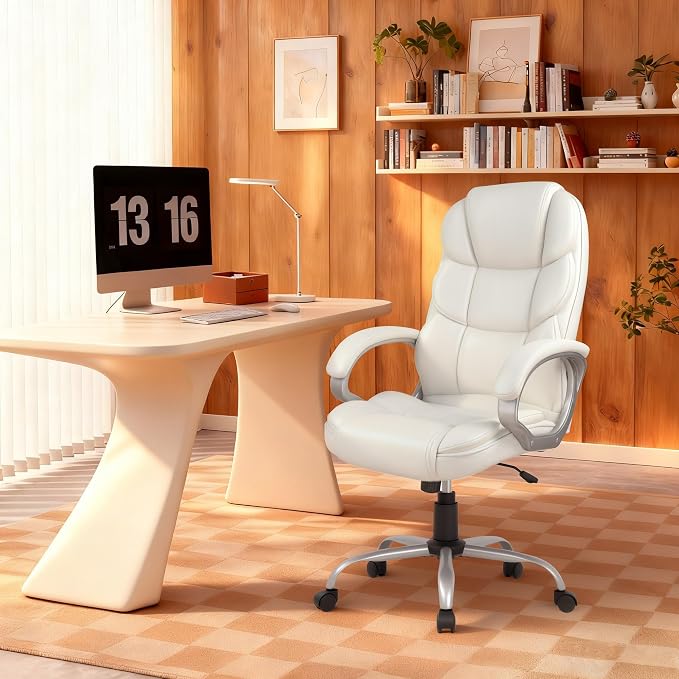 FDW Office Chair Computer High Back Adjustable Ergonomic Desk Chair Executive PU Leather Swivel Task Chair with Armrests Lumbar Support (Beige) - Image 2