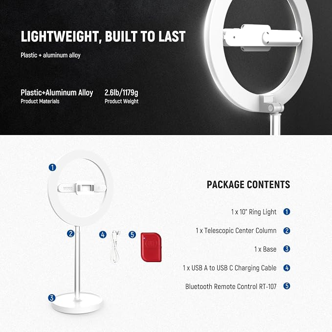 NEEWER Entry Level Version 10" 7W LED Selfie Ring Light with Desk Stand/Phone Holder/3 Modes, CRI85+ 3000mAh Rechargeable Video Conference Lighting for iPhone Streaming Video Recording Makeup, N17 - Image 8