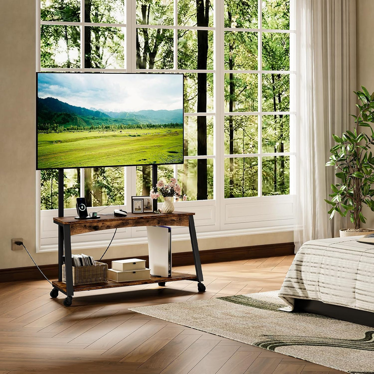 Mobile TV Stand with Charging Station and Adjustable Mount, 2-Tier Rolling TV Console Table for TVs up to 70 inch, for Living Room, Bedroom, Rustic Brown and Black TDS10UBF - Image 7