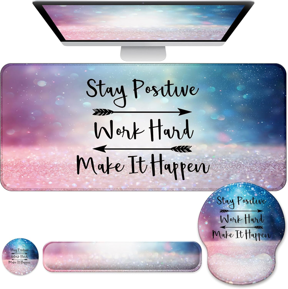 Desk Mat Set + Keyboard and Mouse Pad with Wrist Rest Support,4-in-1 Large Mousepad Computer Mats for Desktop Home & Office-Glitter Pink Blue by VINEBURY