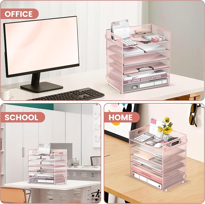 Daltack 6-Tier Paper Organizer for Desk with Handle, Pink | Sturdy Metal Mesh Organizer with Movable Middle Trays and a Carry Handle for Papers, Folders and Office Supplies - Image 6