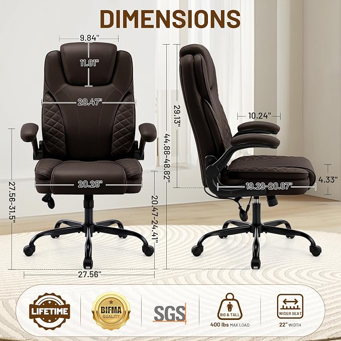 Ergonomic Office Chair, PU Leather High Back Executive Chair with Adjustable Inflatable Lumbar Support and Padded Flip-Up Arms, Recline Swivel Task Computer Chair for Home Office, Dark Brown - Image 3