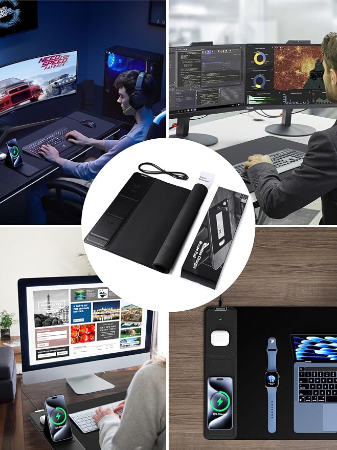 TopMade 4-in-1 Mouse Pad with 15W Wireless Charging, Foldable Phone Holder, 31.5" x 15.75" XXL Large Desk Pad, Gaming Mousepad with Ultra-Smooth Surface, Non-Slip Base, Waterproof Desk Mat, Black - Image 9