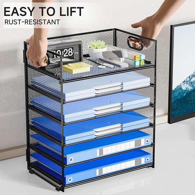 6-Tier Paper Organizer for Desk with Handle | Heavy Duty Metal File Organizer, Stackable Desktop Organizer for Office Supplies, Documents and Stationery Storage - Image 3