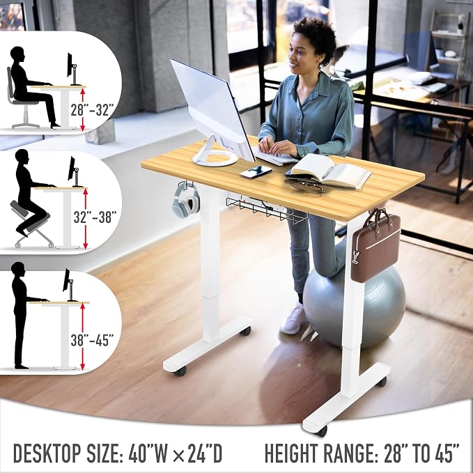 SHW Mobile Electric Height Adjustable Standing Desk w/Drawer, Walnut | 40" Wide Top | w/ Memory Presets and Cable Management | Drawer with adjustable compartments | Hanging Hooks - Image 6