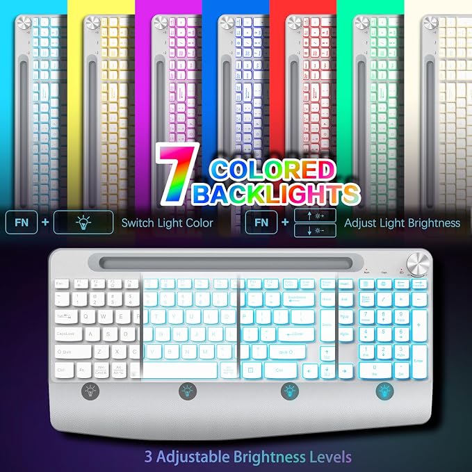 JOYACCESS Ergonomic Wireless Keyboard with Phone Holder,Rechargeable Backlt Wireless Keyboard Mouse Combo with Light Up Keys for for Laptop, PC, Mac, Windows-Silver White - Image 3