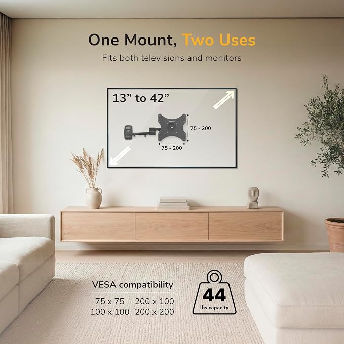 Mount-It! Full Motion TV Wall Mount Bracket for 13-42” Screens – 18" Articulating Arm, Quick Release Plate, Tilt Swivel Rotate, Anti-Theft Lock, Single Stud Install, Supports 44 lbs, VESA 75–200 - Image 4