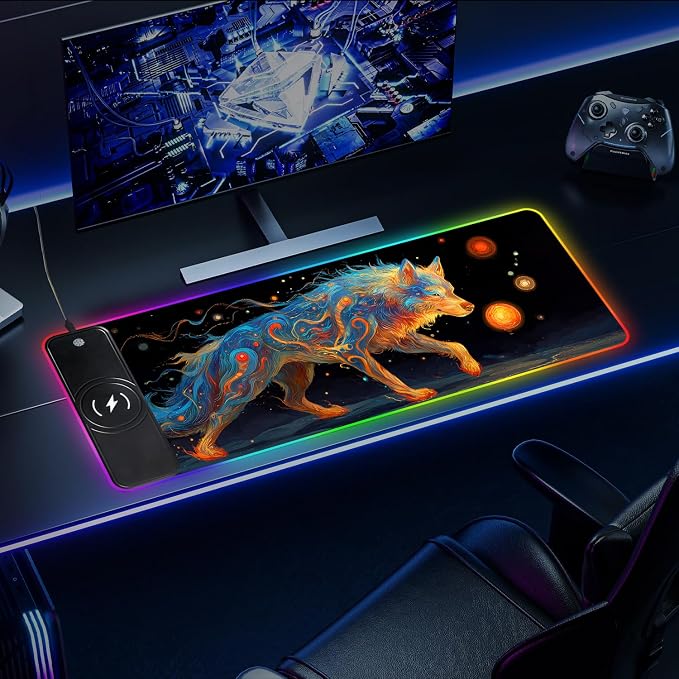 Wireless Charging RGB Gaming Mouse Pad, 31.5 x 11.8 Inch Extended Mouse Mat with Cosmic Wolf Art Design, LED Desk Pad with 7 Lighting Modes, Non-Slip Base for Gaming & Office - Image 8