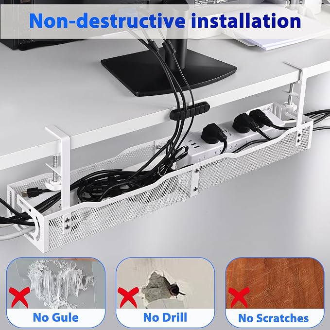 Under Desk Cable Management Box 25.3 Inch – Clamp-Mounted Cable Organizer Tray, Large Cord Management Box for Office & Home, Wire Organizer Under Desk Storage, White - Image 3