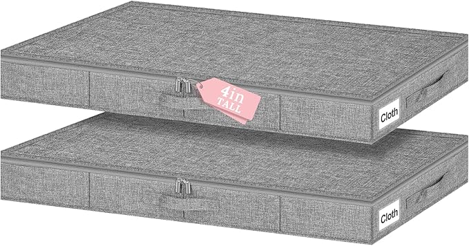 4-In Low Profile Under Bed Storage, Rigid Structure, 2 Pack, Gray | Below 4 Inch Low Space Storage, Rigid Sides & Bottom, Reinforced Handles, Foldable Design, for Couches, Cribs, Dorm Beds by Boailydi