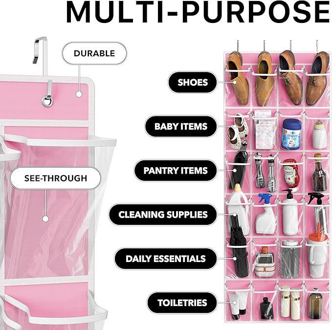 Simple Houseware 24 Pockets Large Clear Over the Door Shoe Organizer, Pink | 56" x 22.5", 4 Durable Metal Hooks, 5" x 9" Pocket Size, Multipurpose - Image 4