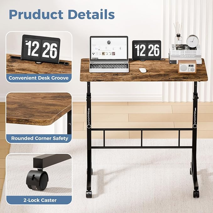 DUMOS 31.5" Walking Pad Desk, Laptop Desk, Home Office | Lockable Wheels, Adjustable Height, Portable Rolling Design, Treadmill Use, Stand Up Style, Rustic Brown - Image 6