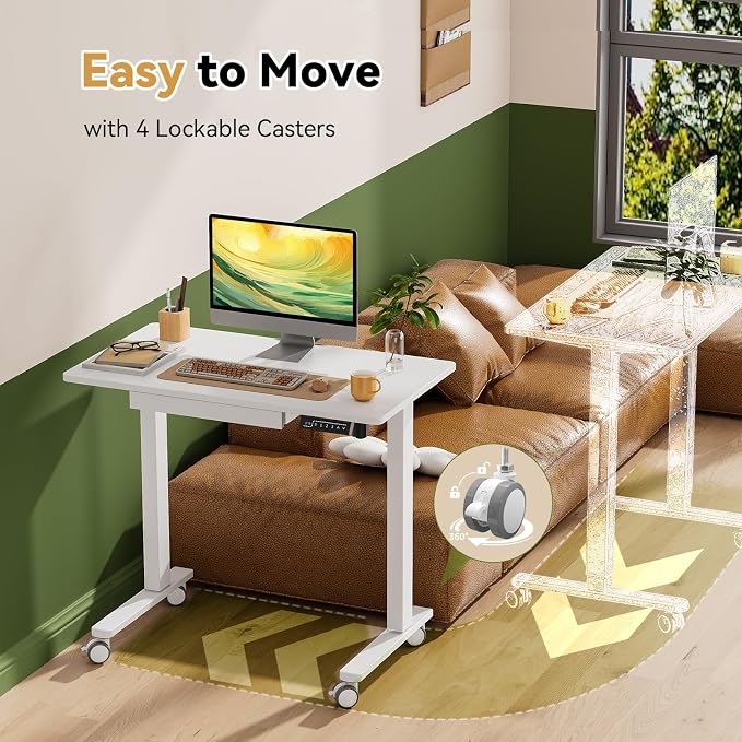 35” Rolling Standing Desk with Drawer & Wheels, White | 18mm One-piece Electric Height Adjustable Desk with Cable Clip on Lockable Wheels, Small Mobile Rising Laptop Workstation - Image 5