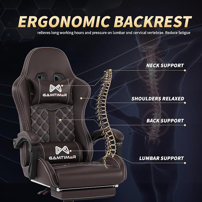 Gamtimer Gaming Chair, 400 LB Weight Capacity,with Pocket Spring Cushion | Ergonomic Backrest Office Chair,Leather, with Headrest and Lumbar Support, Footrest, Suitable for Adults(Brown) - Image 7