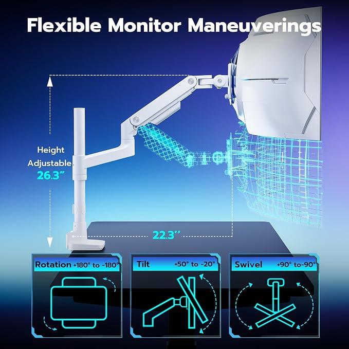Single Monitor Arm Desk Mount for 17-49 Inch Monitors, White | Heavy Duty Monitor Mount Stacked Monitor Arm Desk Holds 44 lbs - Image 5
