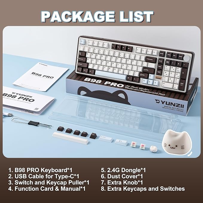YUNZII B98 PRO 96% Wireless Mechanical Keyboard(Coffee Brown, Milk Switch) | QMK/VIA, with Numpad, Dual-Style Knob Design, Creamy Pre-Lubed Switches, Hot Swap, Gasket Mount, RGB for Gaming/Win/Mac - Image 9