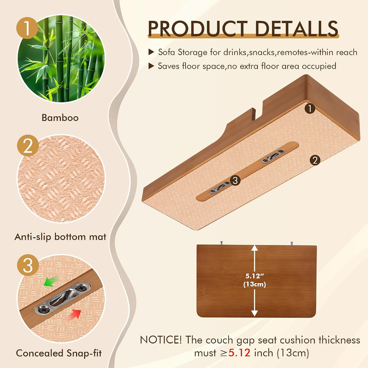 Couch Table Insert with Cup Holder for Boneless,15.35x5.12-in,Brown - Image 8
