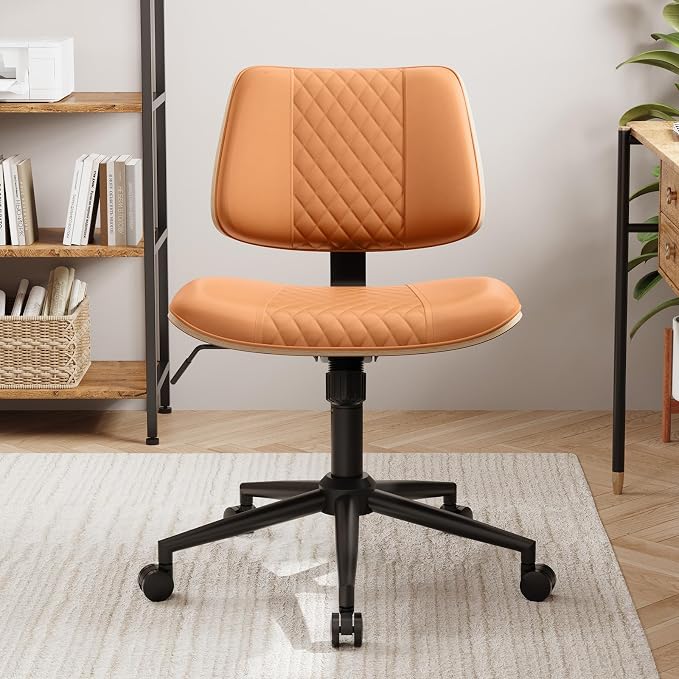Modern Armless Office Chair with Wheels, Wide Seat Walnut, Brown | Adjustable Swivel Desk Chair with Mid Back & Tilt Function, Faux PU Leather Mid Century Modern Task Office Chair, 300LBS Cap - Image 8