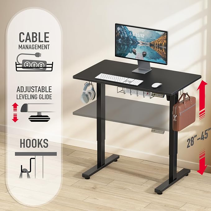 SHW 40 x 22 Electric Height Adjustable Sit to Stand Desk, Black | with Hanging Hooks and Cable Management, Black Frame and Black Top - Image 4