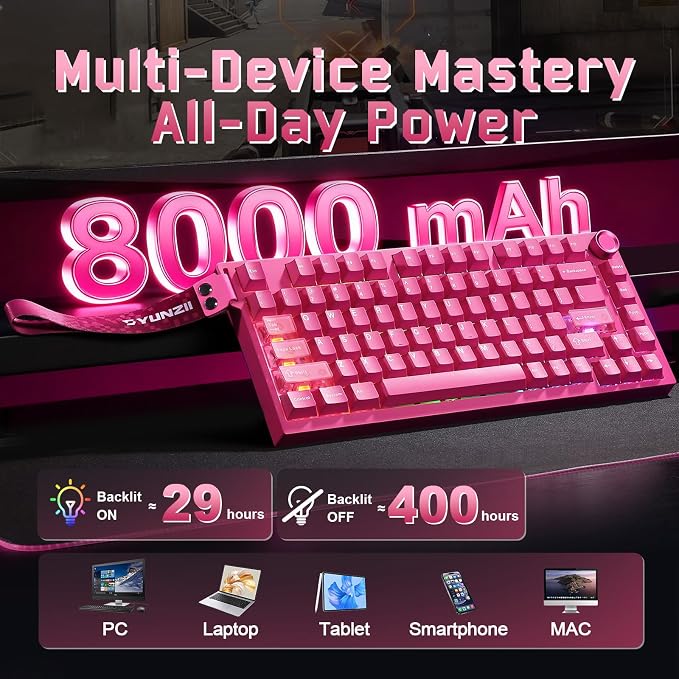 YUNZII RT75 PRO Dual 8K Wireless Gaming Keyboard (Pink,Red Switch) | Hall Effect Magnetic Switches & 128KHz Scan Rate,BT/USB-C/2.4G, RGB, Hot-Swappable, CustomizableTGL/SOCD/DKS/MT for Gamers - Image 9