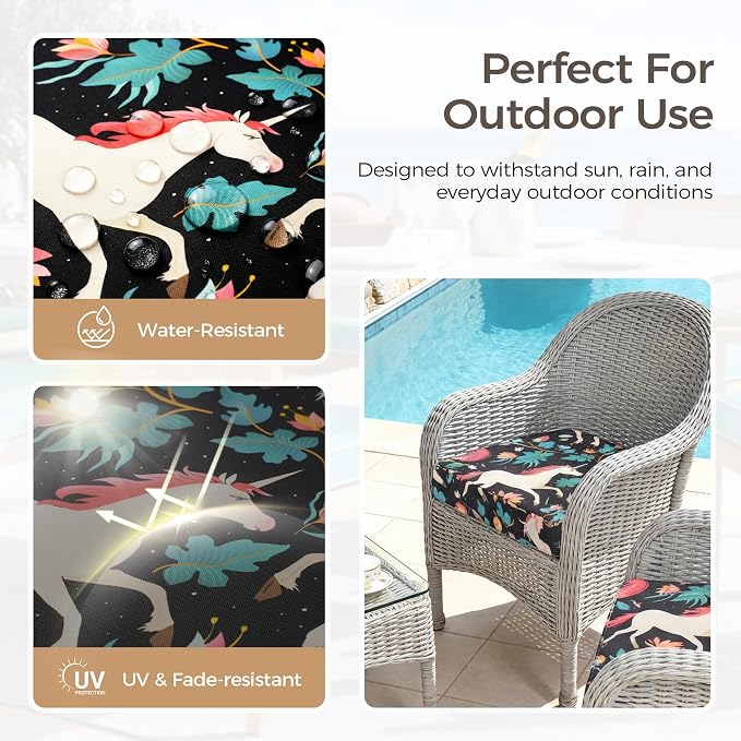 UNIKOME Outdoor Chair Cushions Set of 4, Water Resistant Patio Seat Cushions with Ties for Outdoor Furniture, High-Density Foam, UV & Fade Resistant, Piped Edge – 18.5" x 16" x 3", Unicorn - Image 3