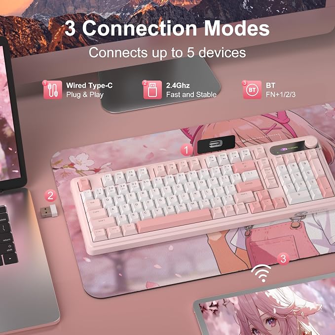 MageGee GK960 Wireless Keyboard, 98 Keys Tri-Mode BT/2.4G/Wired Membrane Gaming Keyboard, RGB Creamy Keyboard with Number Pad, Knob Control, 4000mAh Battery - Sakura Pink - Image 3