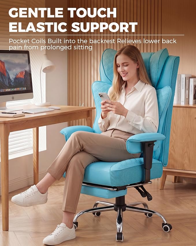 GTPLAYER Big and Tall Office Chair Wide Ergonomic Gaming Chair with Deluxe Embossing Designed Leather with Foot Rest,150°Reclining Adjustable Soft Armrests Pocket Spring Back Support and Pillow - Image 3