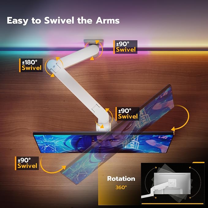 ARES WING Wall Mount Monitor Arm for 17-49 Inch Ultrawide Screens, White | Heavy Duty Single Monitor Arm Holds 44 lbs, Fully Adjustable Gas Spring Monitor Wall Mount, 75x75/100x100 VESA Mount - Image 5