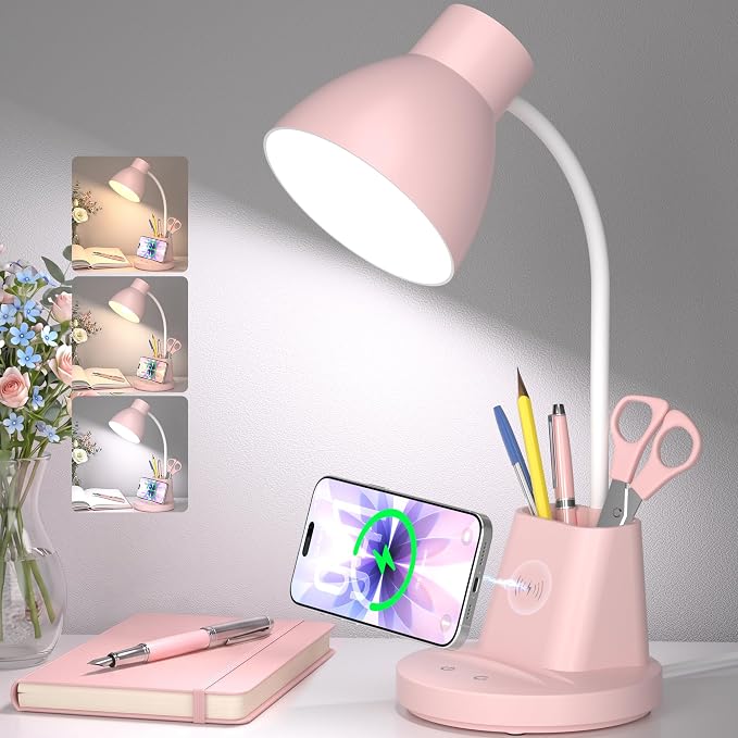 10W Wireless Charging LED Desk Lamp with Pen Holder, CRI 95, Pink | 800LM, 3 Modes, 360°Flexible Arm, Touch, Brightness, Table Lamp for Home Office, Dorm, Bedside, Study, Reading, with Adapter by Sailstar