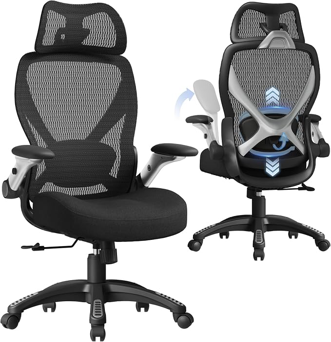 X100 Ergonomic Mesh Office Chair, Big and Tall Home Desk Chair with 5D Flip-Up Arms, Adjustable 3D Lumbar Support, Gaming & Executive Computer Chair by ELABEST
