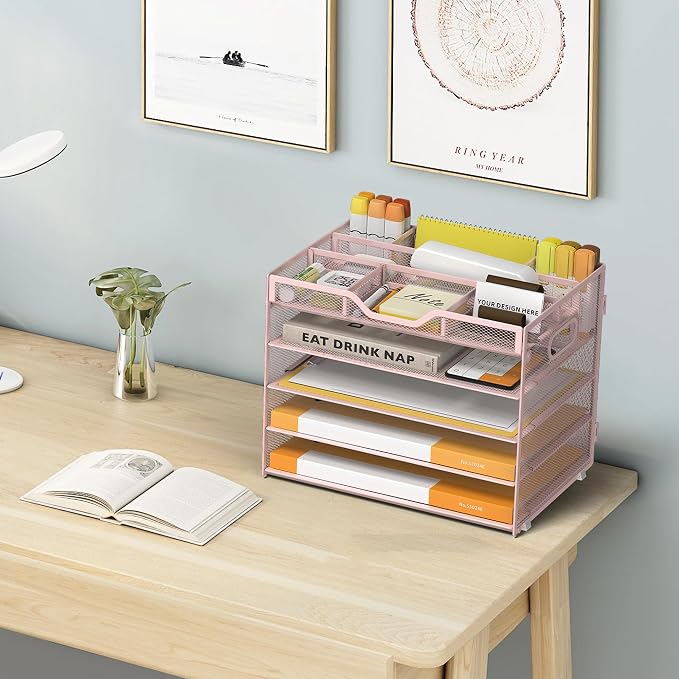 5 Tier Paper Letter Tray Desk Organizer with Pen Holders - Pink | Features 3 pen holders and 4 removable dividers.Versatile mesh desktop storage for mail, document,office supplie - Image 6