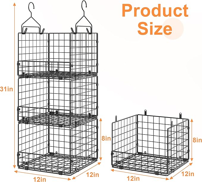 Sonyabecca 3-Tier Closet Organizers and Storage, Foldable Stackable Wire Basket Bins with 5 S Hooks, Space-Saving Hanging Closet Shelf for Clothing, Sweaters, Handbags, Hats,Purse - Image 3